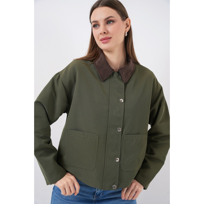 Kadın Cep Detaylı Kısa Ceket 5975 - Haki