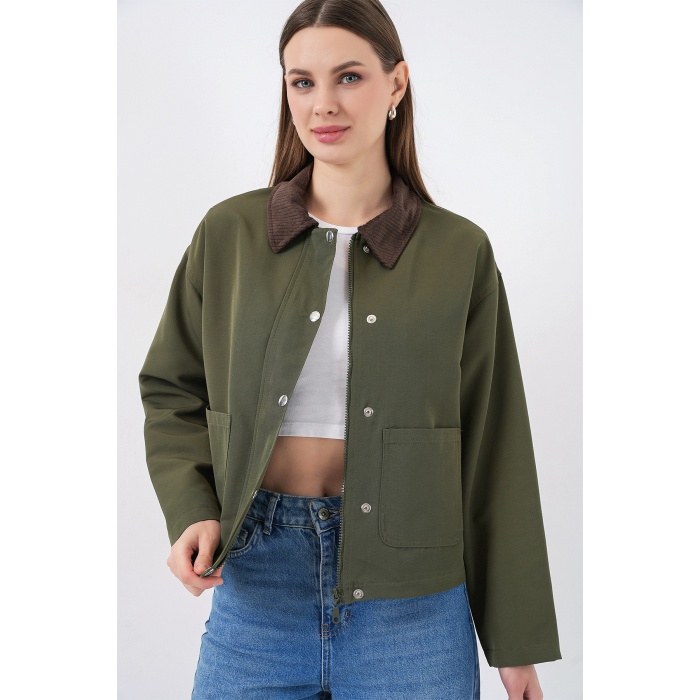 Kadın Cep Detaylı Kısa Ceket 5975 - Haki