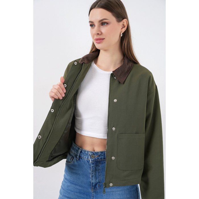 Kadın Cep Detaylı Kısa Ceket 5975 - Haki