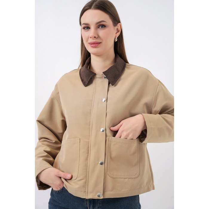 Kadın Cep Detaylı Kısa Ceket 5975 - Bisküvi