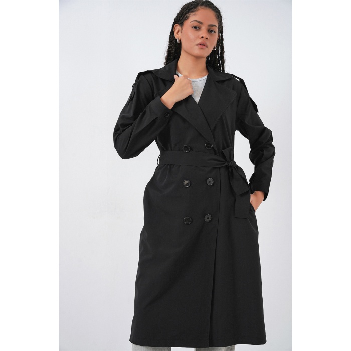 Kadın Kruvaze Yaka Trençkot 5978 - Siyah
