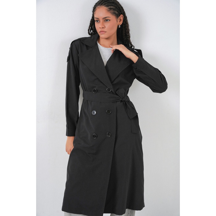 Kadın Kruvaze Yaka Trençkot 5978 - Siyah