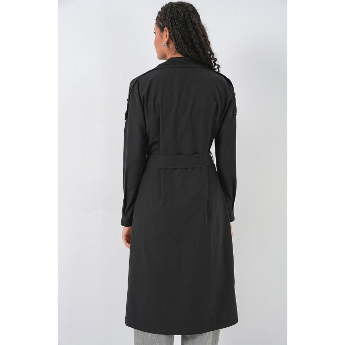Kadın Kruvaze Yaka Trençkot 5978 - Siyah