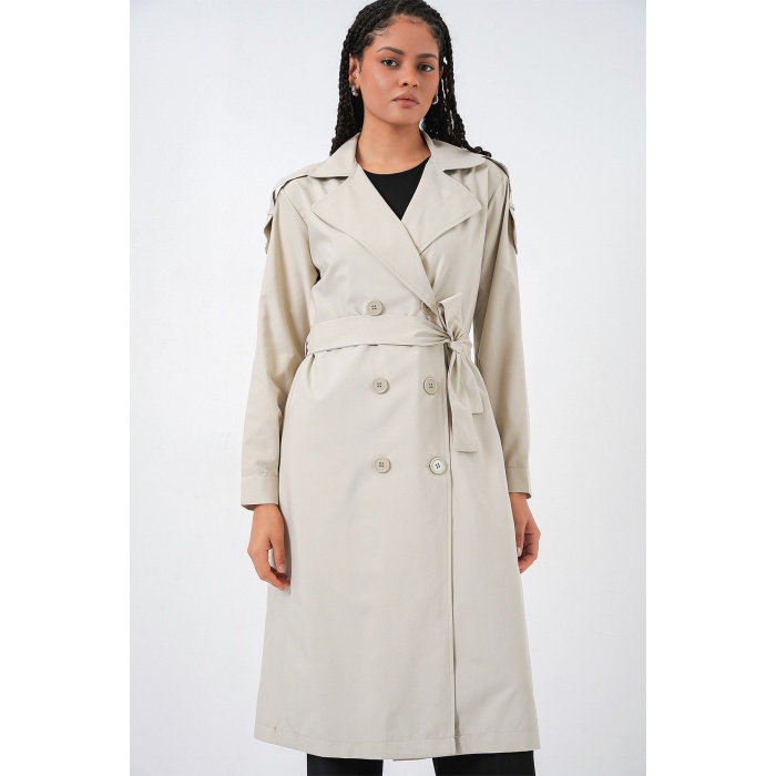 Kadın Kruvaze Yaka Trençkot 5978 - Taş