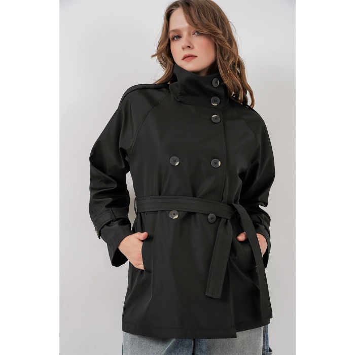 Kadın Kruvaze Yaka Kısa Trençkot 5980 - Siyah