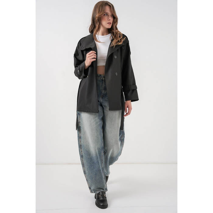 Kadın Kruvaze Yaka Kısa Trençkot 5980 - Siyah