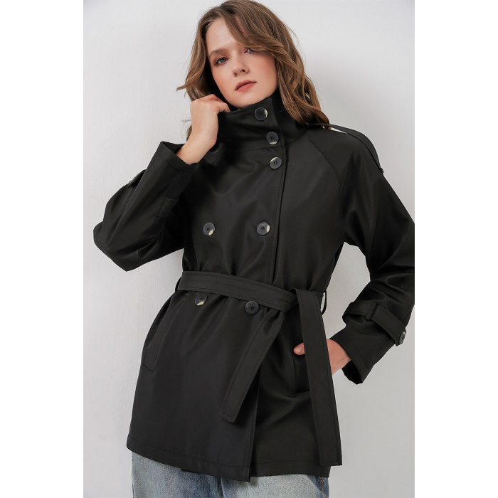 Kadın Kruvaze Yaka Kısa Trençkot 5980 - Siyah