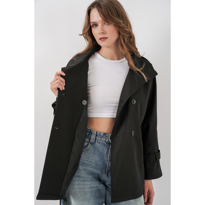 Kadın Kruvaze Yaka Kısa Trençkot 5980 - Siyah