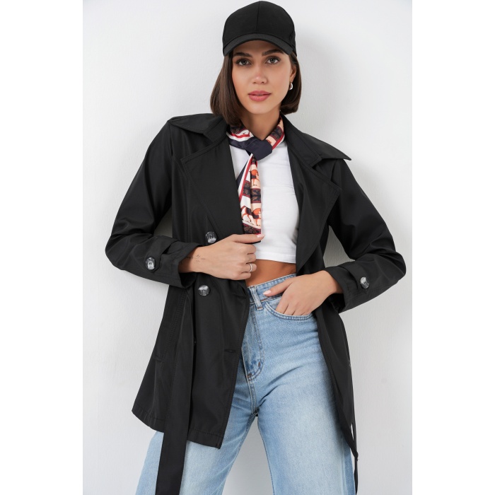 Kadın Kuşaklı Kısa Trençkot 5982 - Siyah