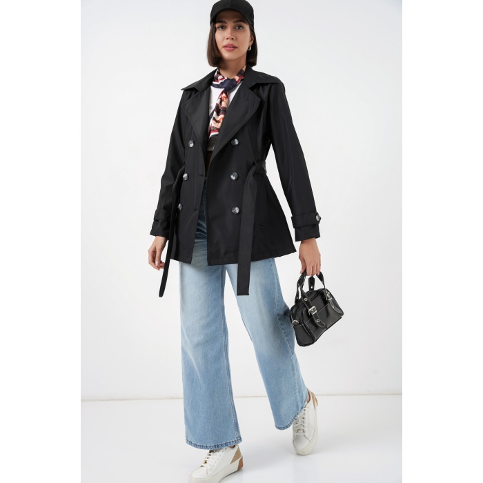Kadın Kuşaklı Kısa Trençkot 5982 - Siyah