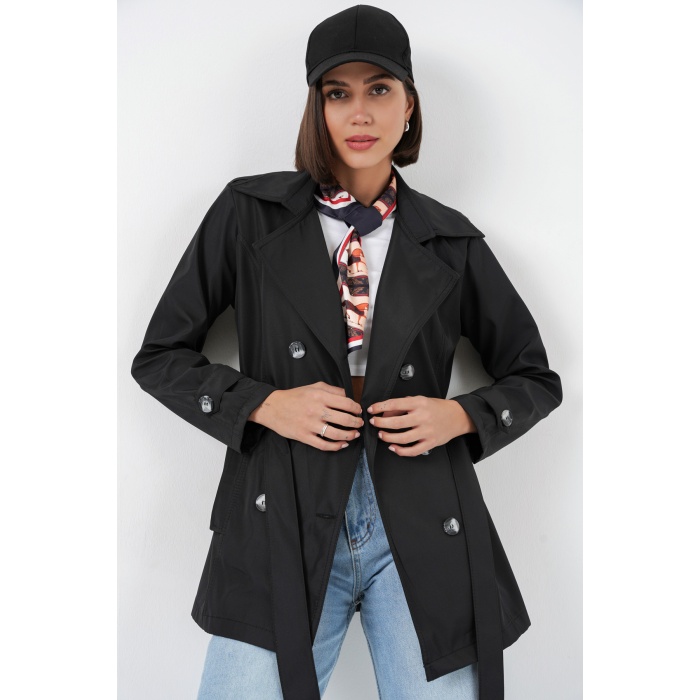 Kadın Kuşaklı Kısa Trençkot 5982 - Siyah