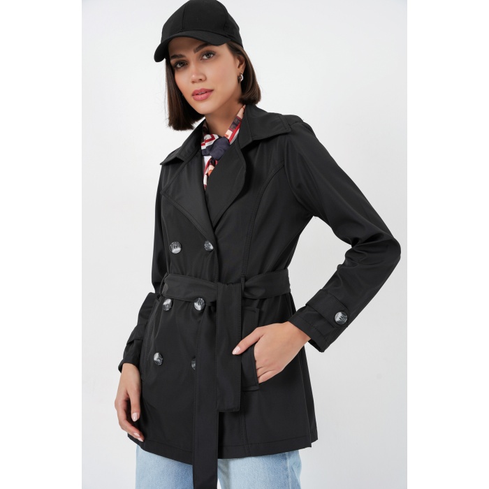 Kadın Kuşaklı Kısa Trençkot 5982 - Siyah