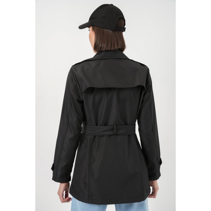 Kadın Kuşaklı Kısa Trençkot 5982 - Siyah