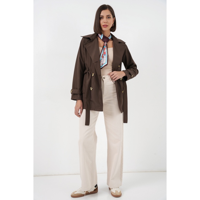 Kadın Kuşaklı Kısa Trençkot 5982 - Kahverengi