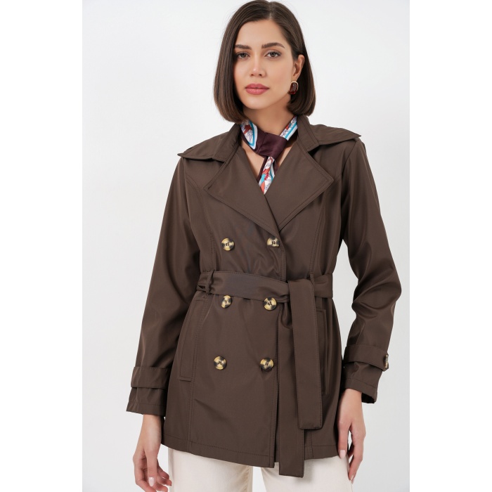 Kadın Kuşaklı Kısa Trençkot 5982 - Kahverengi