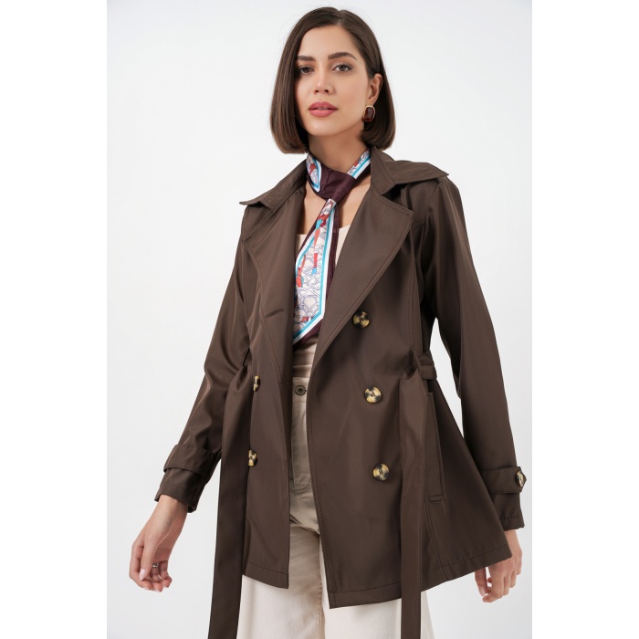 Kadın Kuşaklı Kısa Trençkot 5982 - Kahverengi