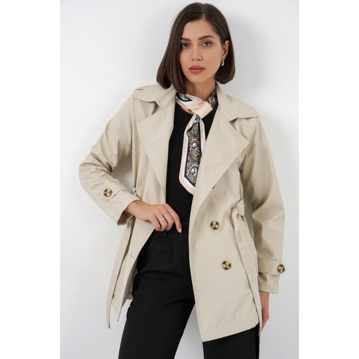 Kadın Kuşaklı Kısa Trençkot 5982 - Bej