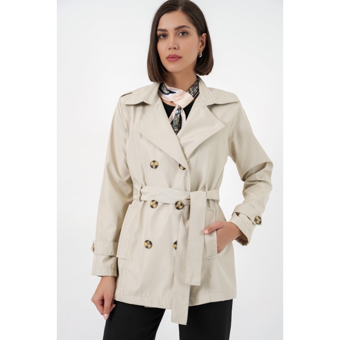 Kadın Kuşaklı Kısa Trençkot 5982 - Bej