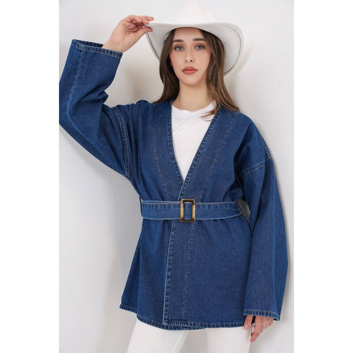 Kadın Kemerli Kot Ceket Tunik 5985 - Mavi