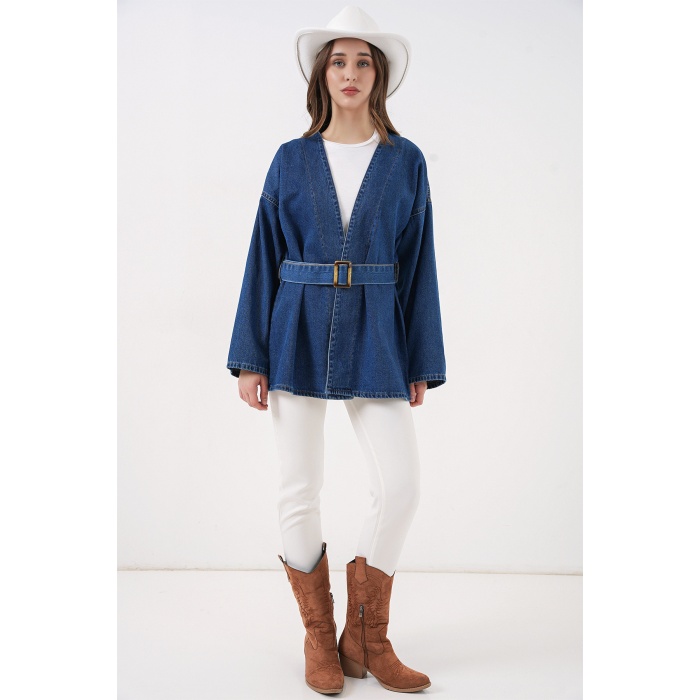 Kadın Kemerli Kot Ceket Tunik 5985 - Mavi