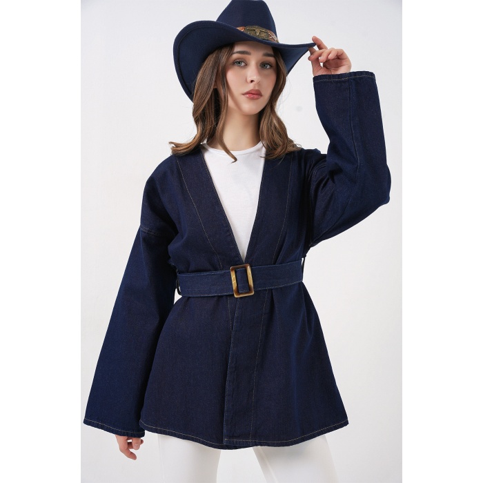 Kadın Kemerli Kot Ceket Tunik 5985 - Lacivert
