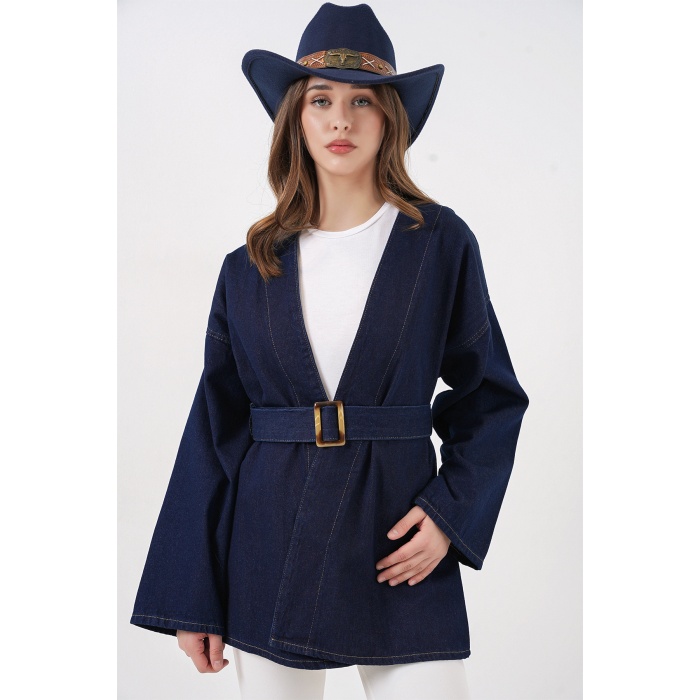 Kadın Kemerli Kot Ceket Tunik 5985 - Lacivert