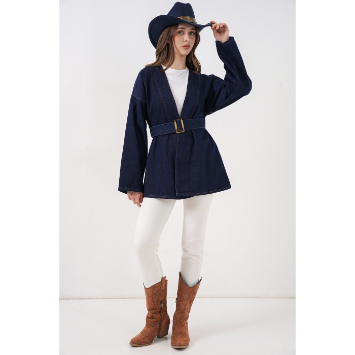Kadın Kemerli Kot Ceket Tunik 5985 - Lacivert