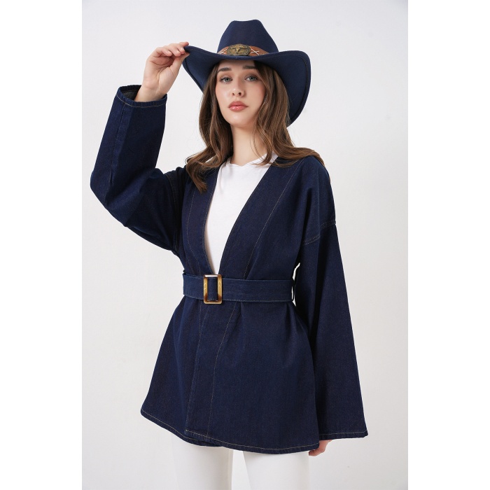 Kadın Kemerli Kot Ceket Tunik 5985 - Lacivert