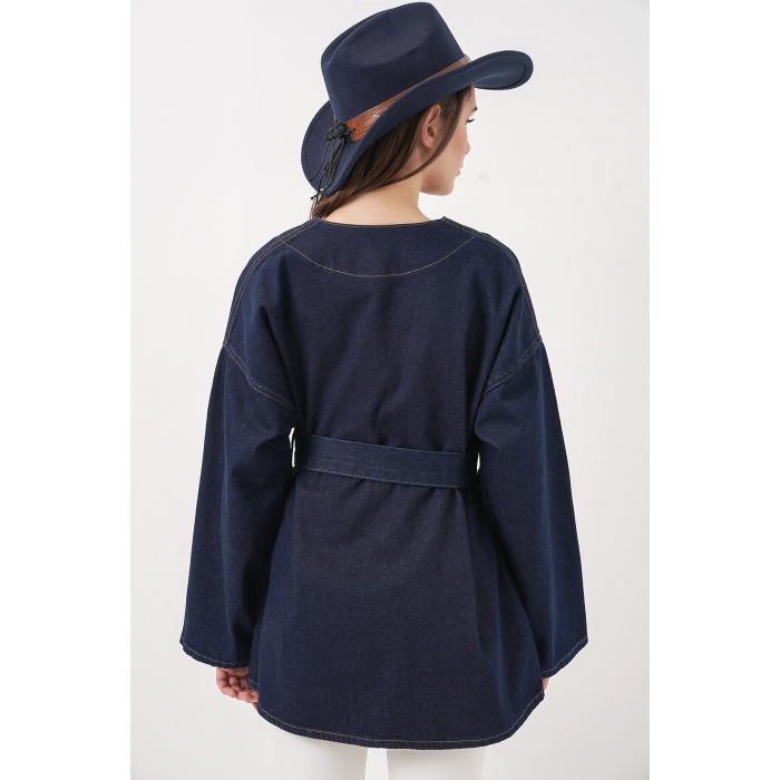 Kadın Kemerli Kot Ceket Tunik 5985 - Lacivert