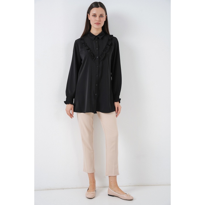 Kadın Fırfırlı Uzun Gömlek Tunik 5986 - Siyah