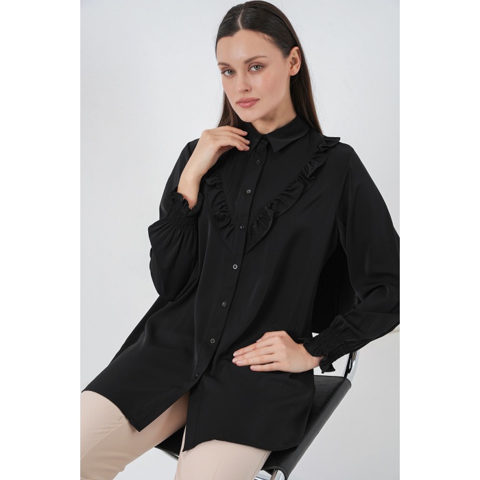 Kadın Fırfırlı Uzun Gömlek Tunik 5986 - Siyah