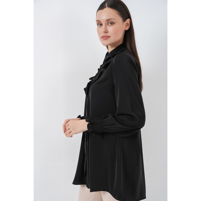 Kadın Fırfırlı Uzun Gömlek Tunik 5986 - Siyah