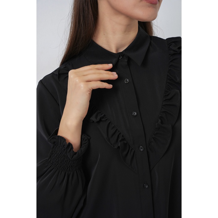 Kadın Fırfırlı Uzun Gömlek Tunik 5986 - Siyah