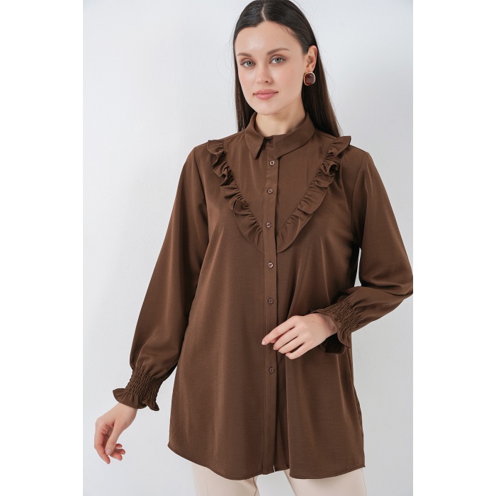 Kadın Fırfırlı Uzun Gömlek Tunik 5986 - Kahverengi