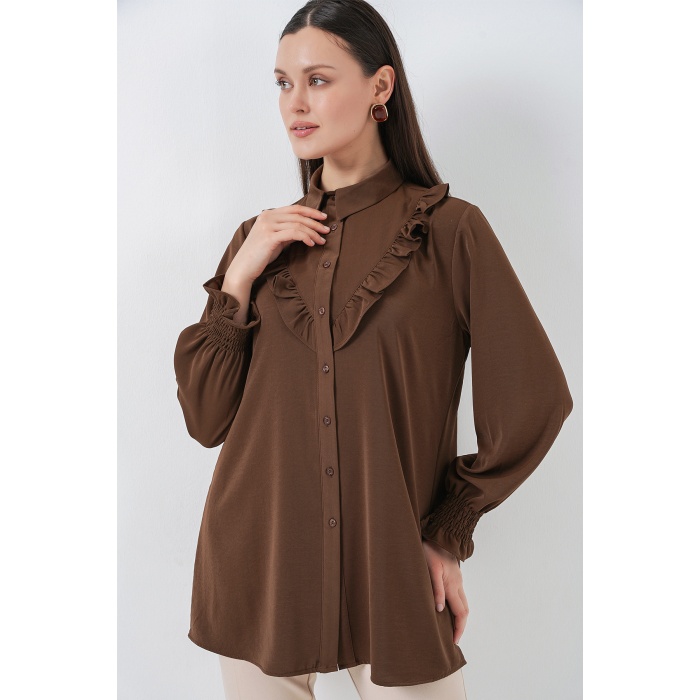 Kadın Fırfırlı Uzun Gömlek Tunik 5986 - Kahverengi