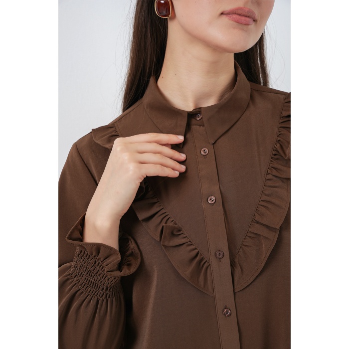 Kadın Fırfırlı Uzun Gömlek Tunik 5986 - Kahverengi