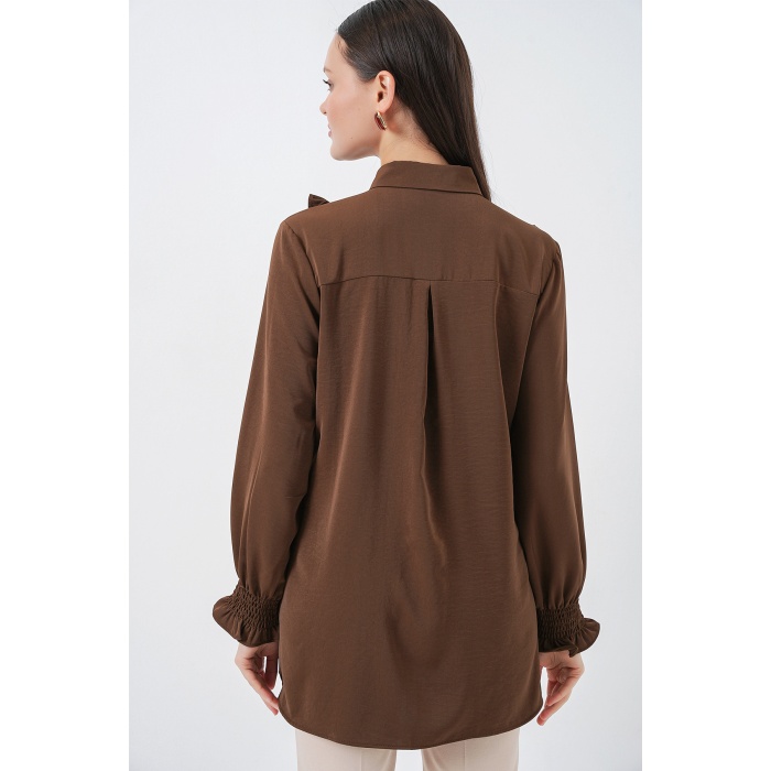 Kadın Fırfırlı Uzun Gömlek Tunik 5986 - Kahverengi