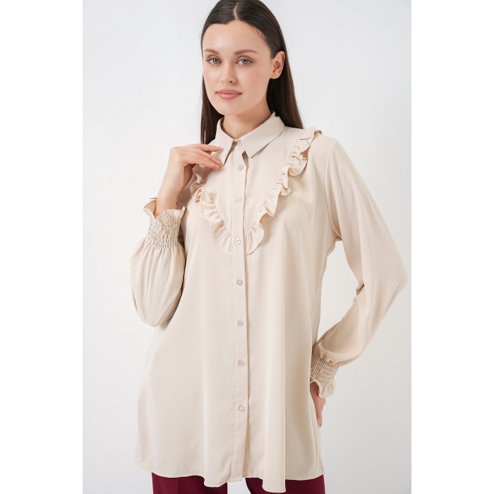 Kadın Fırfırlı Uzun Gömlek Tunik 5986 - Krem