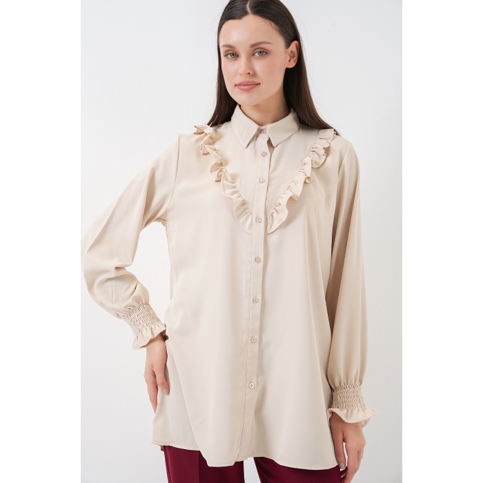 Kadın Fırfırlı Uzun Gömlek Tunik 5986 - Krem