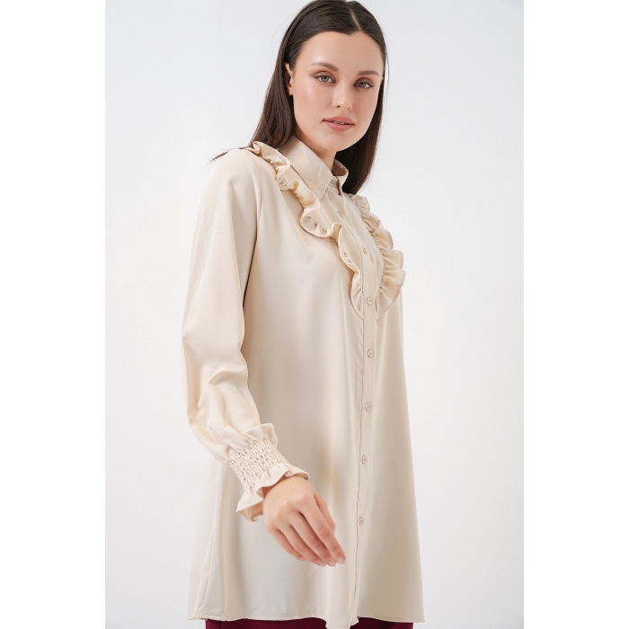 Kadın Fırfırlı Uzun Gömlek Tunik 5986 - Krem