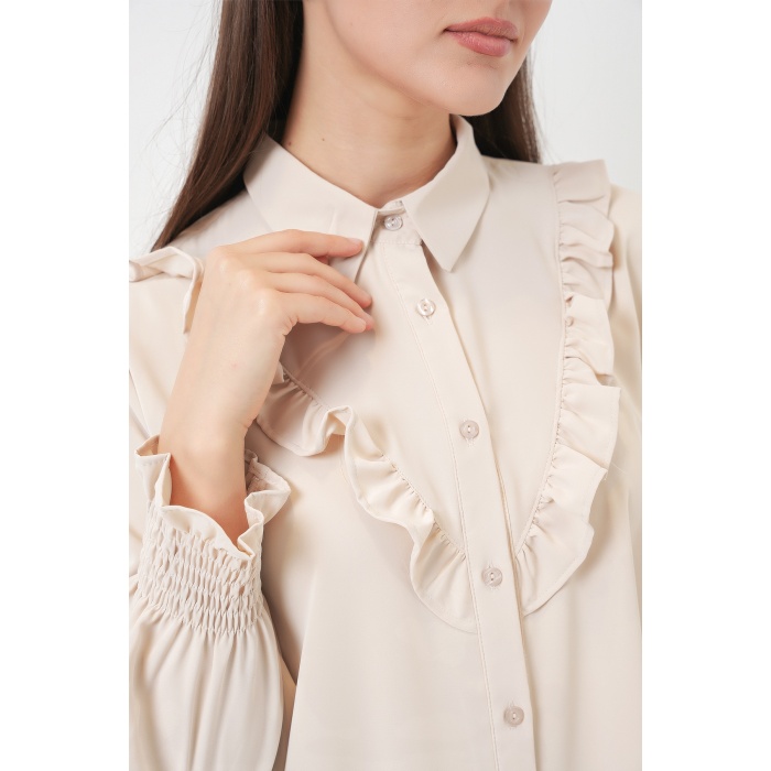 Kadın Fırfırlı Uzun Gömlek Tunik 5986 - Krem