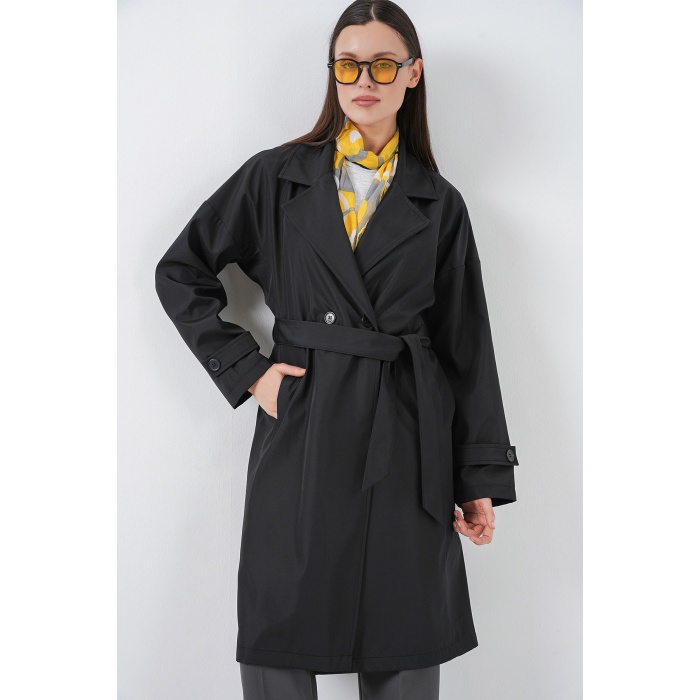 Kadın Kruvaze Yaka Trençkot 5987 - Siyah