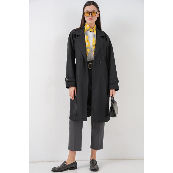 Kadın Kruvaze Yaka Trençkot 5987 - Siyah