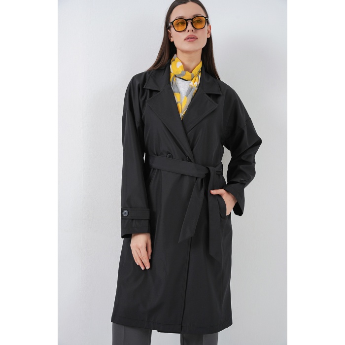 Kadın Kruvaze Yaka Trençkot 5987 - Siyah