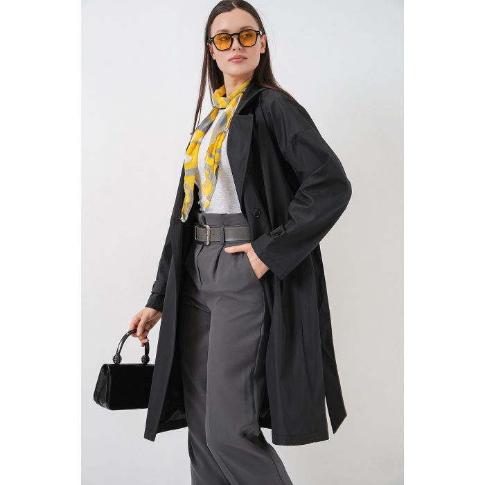 Kadın Kruvaze Yaka Trençkot 5987 - Siyah
