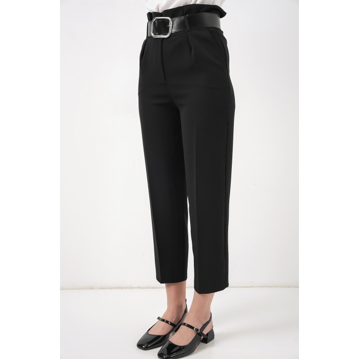 6556 Kemerli Kumaş Pantolon - Siyah