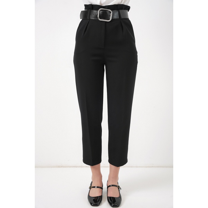 6556 Kemerli Kumaş Pantolon - Siyah