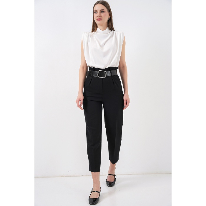6556 Kemerli Kumaş Pantolon - Siyah