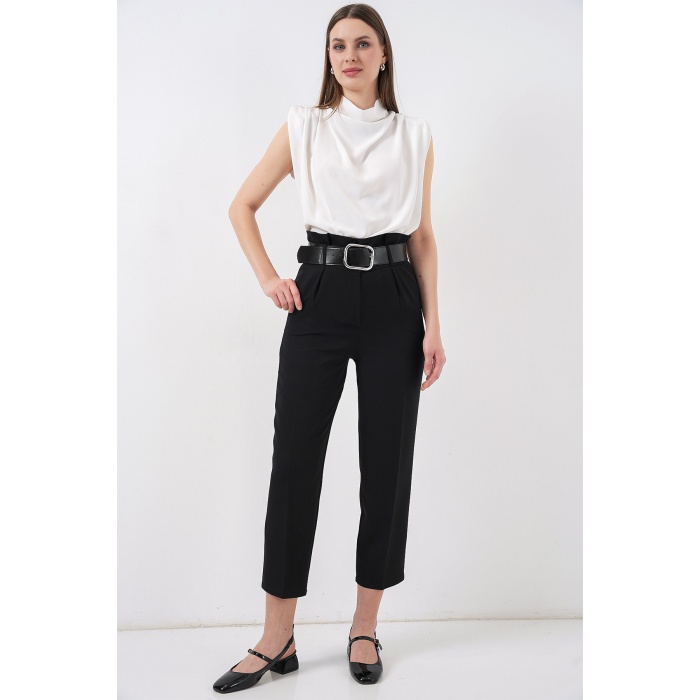 6556 Kemerli Kumaş Pantolon - Siyah