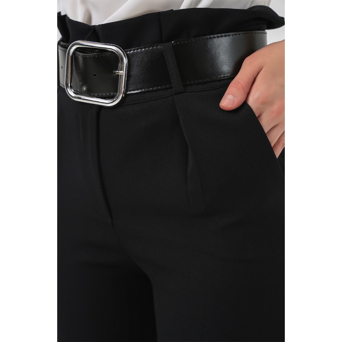 6556 Kemerli Kumaş Pantolon - Siyah
